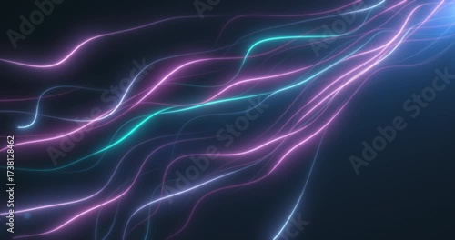An abstract, dynamic beam of neon lines and particles pierces the darkness, creating a sense of movement and speed. This futuristic background is perfect for technology and data transfer themes.