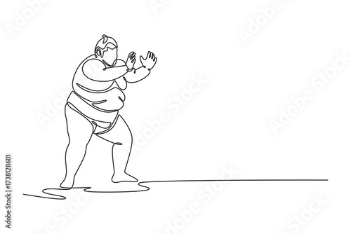 Single continuous line drawing large Sumo wrestler in a stable, defensive stance with both hands raised, ready to receive or initiate push in a match. One line draw graphic design vector illustration