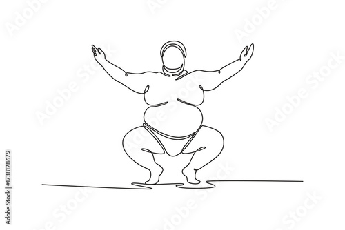 Single continuous line drawing large Sumo wrestler in powerful squat with arms raised wide, the imposing posture and ceremonial nature of Shiko ritual. One line draw graphic design vector illustration