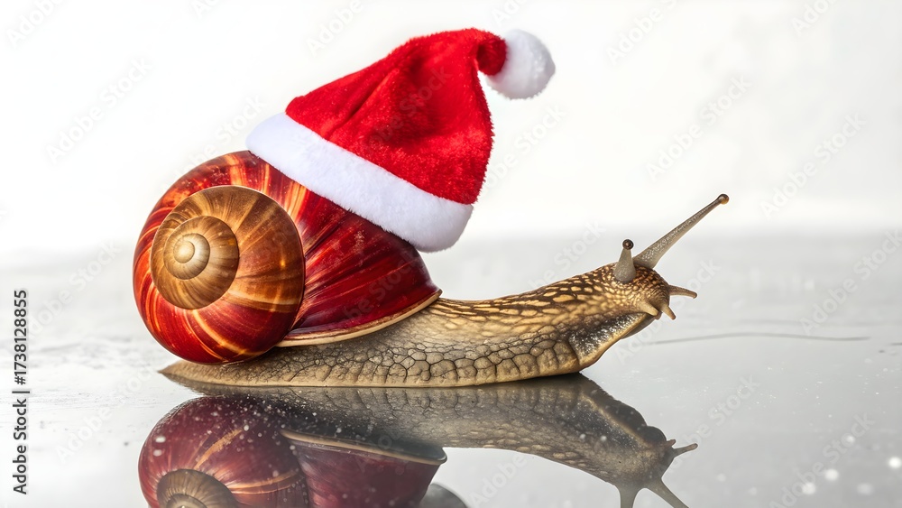 Obraz premium Funny snail wearing Santa Claus hat symbolizing slow Christmas holiday season, festive humor, winter celebration, and nature