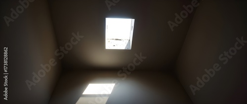 Strong hard light, fine art photography, square ceiling opening, natural light beam, harsh shadows, professional style, dramatic contrasts, soft saturation.