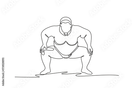 Single one line drawing large Sumo wrestler in low, deep crouch, hands on his knees, in the shikiri stance before final charge of match. Modern continuous line draw design graphic vector illustration