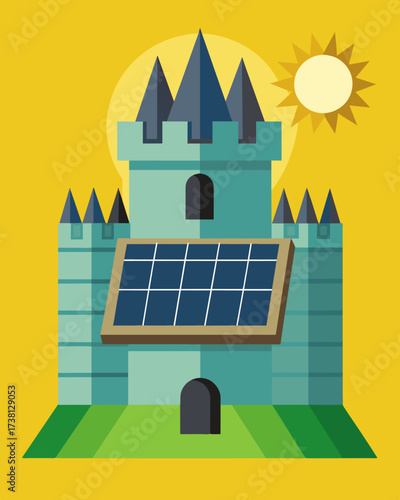 Against the backdrop of the medieval castle rows of solar panels blended into the slate roof of the keep providing power to the historically preserved structure.. Vector illustration