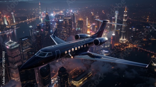 A Sleek Private Jet Flying High Above a Cityscape at Sunset