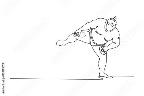 Single one line drawing large Sumo wrestler balancing on one leg with the other raised high in ritualistic Shiko movement, unexpected balance. Continuous line draw design graphic vector illustration