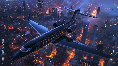 A Sleek Private Jet Flying High Above a Cityscape at Sunset