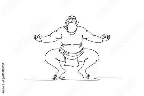 Single one line drawing muscular Sumo wrestler in traditional, deep ceremonial squat (Shiko), with arms outstretched, powerful grounded stance. Continuous line draw design graphic vector illustration
