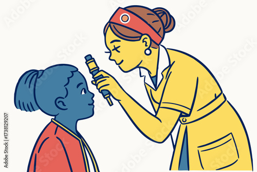 A doctor in a yellow coat examines a child with an ophthalmoscope during a medical examination visit