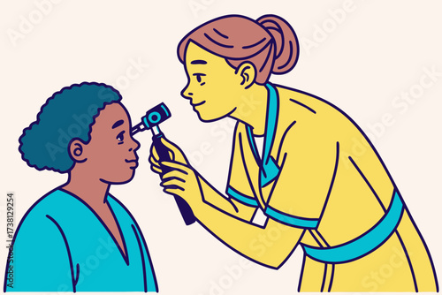A doctor examines a child's eye with an ophthalmoscope during a medical checkup in a clinic setting