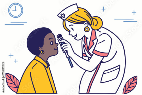 Nurse examining patient's eyes with ophthalmoscope in a medical setting with clock and leaf details