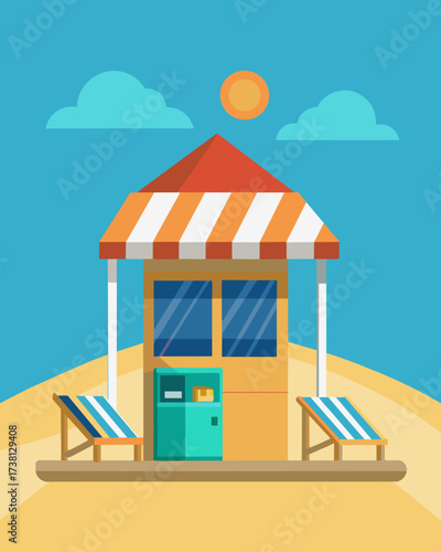 A small kiosk on a beach equipped with solar panels and surrounded by lounge chairs creating the perfect spot for beachgoers to both relax and charge their devices.. Vector illustration