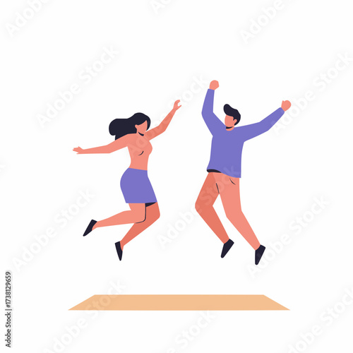 Happy couple jumping in excitement on a light-colored surface  