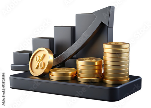 Financial growth illustration with percentage coin and rising bar graph isolated on transparent background