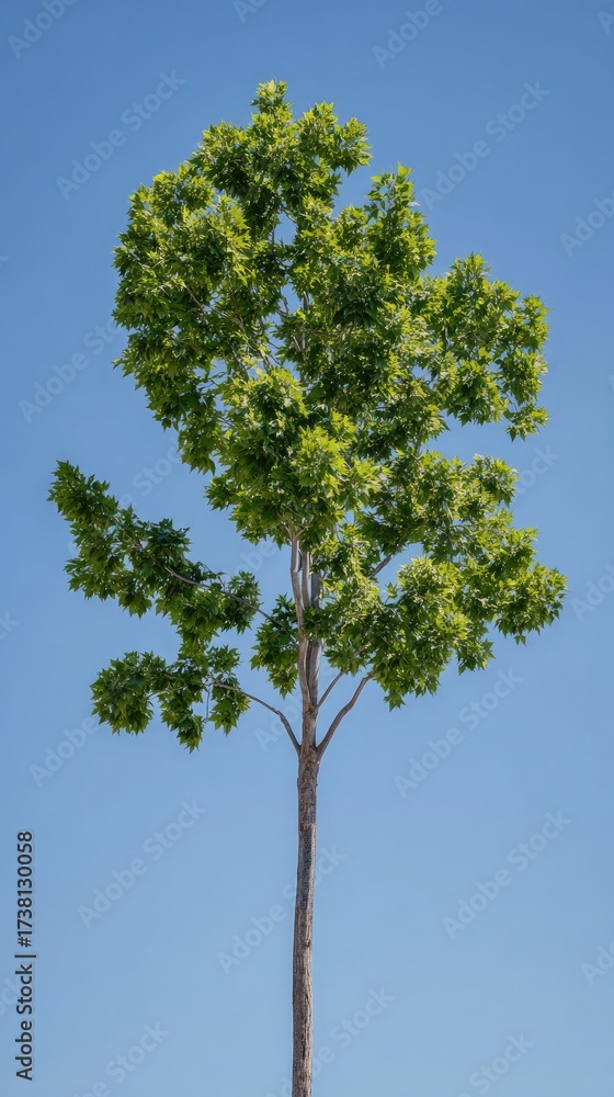 Fototapeta premium Tall tree with vibrant green leaves stands against clear blue sky