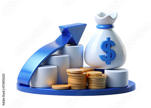 A bag of money with a dollar sign and stacks of coins isolated on transparent background