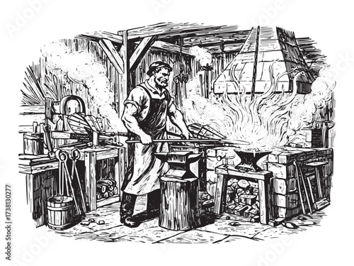 Forge Fire Vintage Engraved Artisan Blacksmith Scene Isolated Vector
