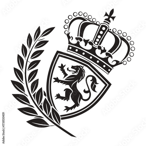 Heraldic lion rampant on shield with crown and laurel