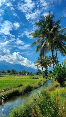 Tropical landscape with rice fields, a stream, palm trees, mountains under a blue sky
