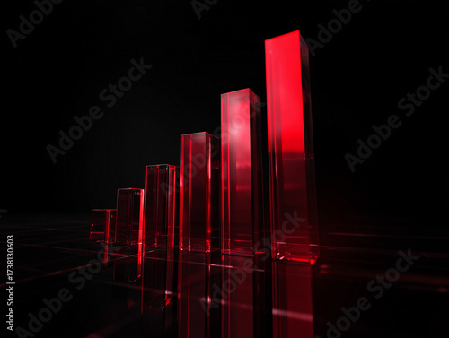 Red analytics bars growing from the bottom to the top, 3D object, glass texture, shiny glass, black background, 3d rendering, high resolution.