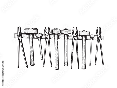 Blacksmith Tools Vintage Engraved Artisan Workshop Scene Isolated Vector