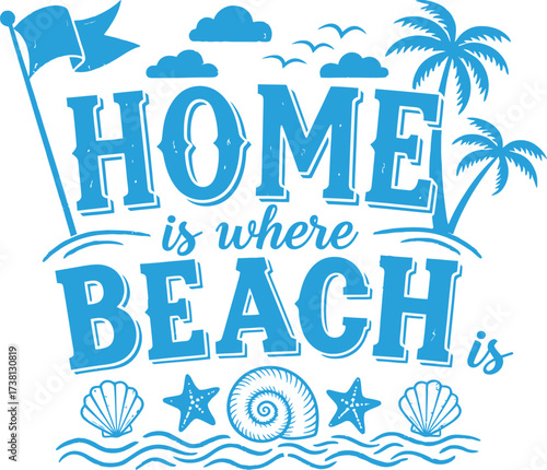 Joyful beach sentiment with palm trees and ocean waves, celebrating coastal living.