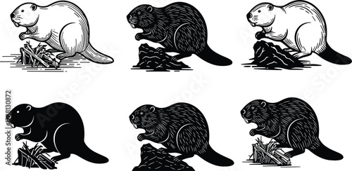Beaver animal silhouettes and illustrations in multiple artistic styles, wildlife vector set with logs and sticks for nature, forest, design, art