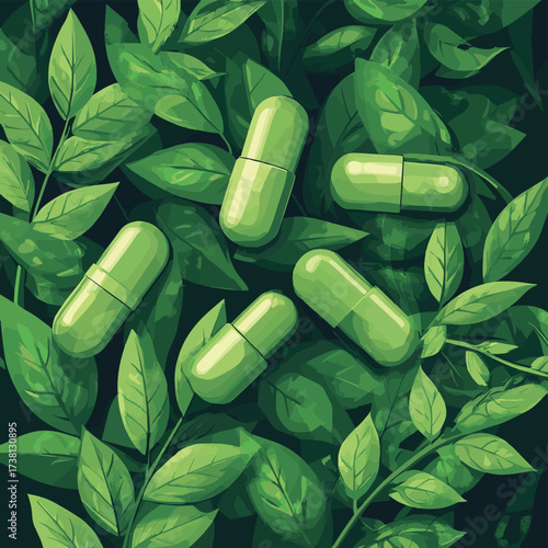 Close-up shot of biodegradable capsules blending with vibrant green foliage, promoting environmentally friendly alternatives , vector style simple color