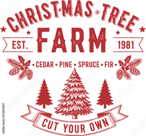 Festive Christmas tree farm emblem with trees and pinecones, celebrating tradition