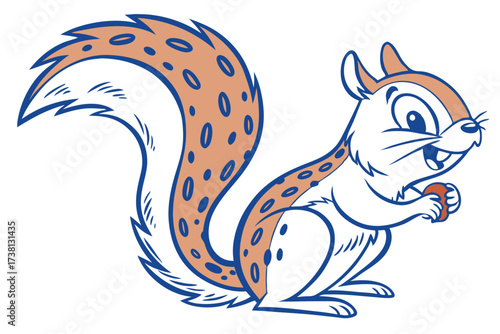 Cartoon Squirrel with White Fur, Tan Tail and Nut on White Background Art