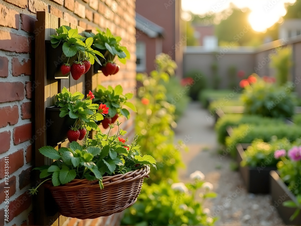 Naklejka premium Urban Eco Brooklyn Series: Elegant Eco-Friendly Vertical Garden with Fresh Strawberries and Natural Ligh
