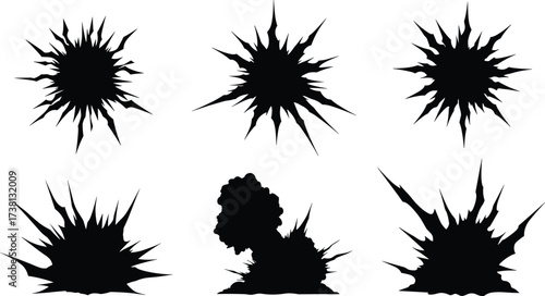 Black explosion silhouette vector set with comic style blast shapes, bomb burst icons, smoke clouds, fire impact design illustration