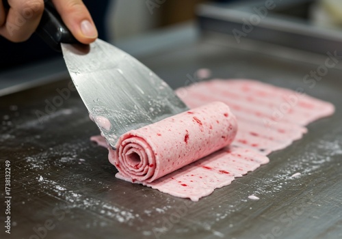 Hand using a metal spatula to create fresh pink strawberry rolled ice cream on a cold steel plate.