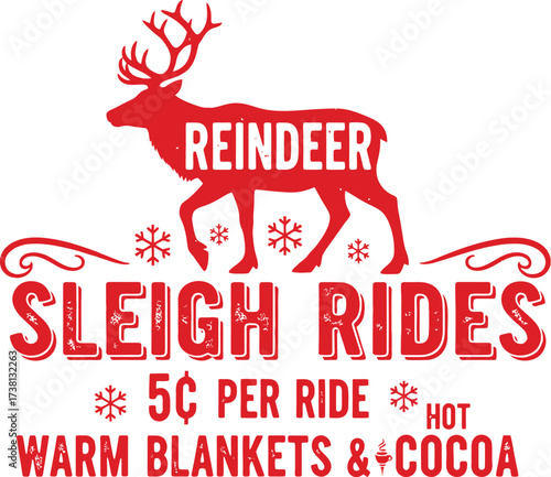 Festive reindeer and sleigh ride advertisement with warm drinks and blankets