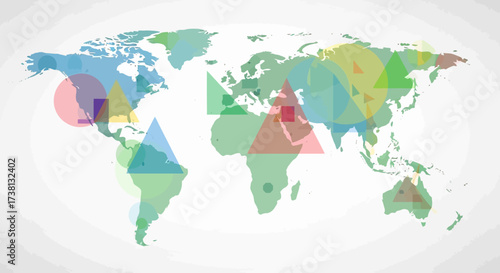 Vibrant world map graphic with overlapping geometric shapes and translucent circles in a modern, abstract design concept