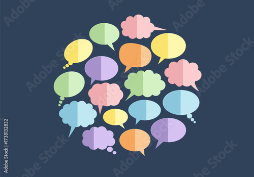 Collection of colorful speech bubble icons representing conversation and communication on a dark background