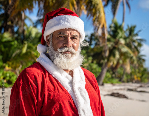 Père noël en vacances sur une plage, sous les cocotiers, heureux et détendu