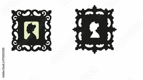 Elegant silhouette portraits in ornate frames evoke timeless beauty and vintage sophistication, ideal for design projects