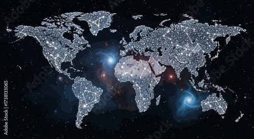 Stunning global network map shimmering with starlight and cosmic nebulae, representing interconnectedness and digital communication