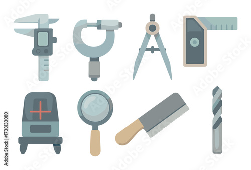 Collection of engineering and measurement tools with caliper, micrometer, compass, and more