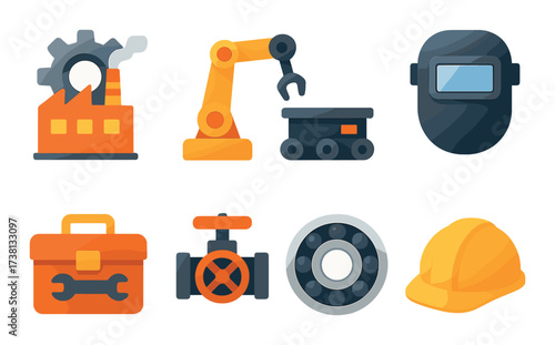 Industrial equipment icons featuring factory, robotic arm, toolbox, and safety gear