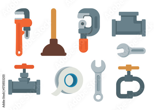Collection of plumbing tools and equipment icons with abstract lighting