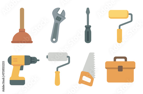Glowing tool icons: plunger, wrench, screwdriver, paint roller, drill, saw, toolbox