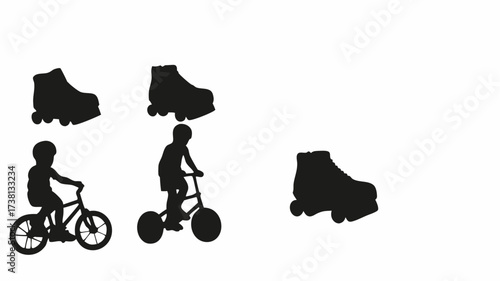 Active children joyfully ride bikes and skate in silhouette, perfect for family fun, outdoor adventures, and childhood memories.