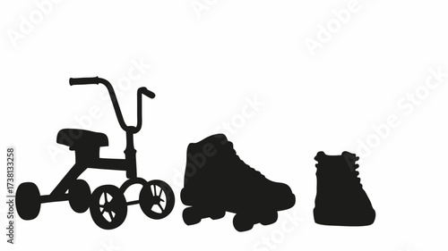 Childhood adventures with tricycle and roller skates silhouette, ready for fun and games, evoking nostalgia and youthful energy, perfect for design.