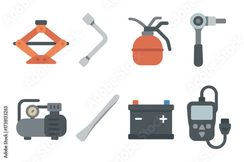 Car tool icons set featuring jack, wrench, oil can, compressor, battery, multimeter