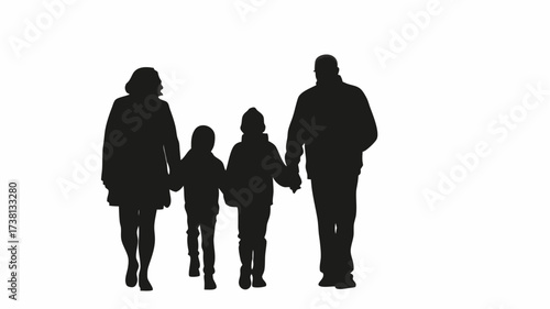 Family enjoying quality time walking together, silhouette of parents and children creating a heartwarming, memorable moment
