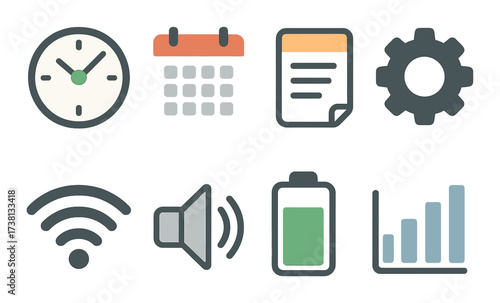 Digital icons: clock, calendar, document, gear, wifi, sound, battery, graph on fogged glass
