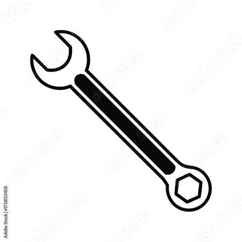 Simple black silhouette of a wrench on a clean white background