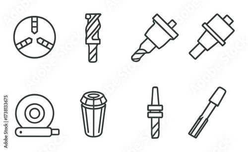 Industrial tools collection: drills taps and cutting devices on gradient background