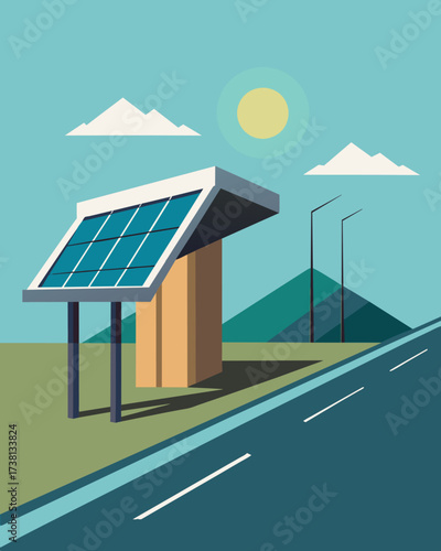 A minimalist shelter along the highway its solar panels discreetly tucked into the design to provide charging for travelers.. Vector illustration
